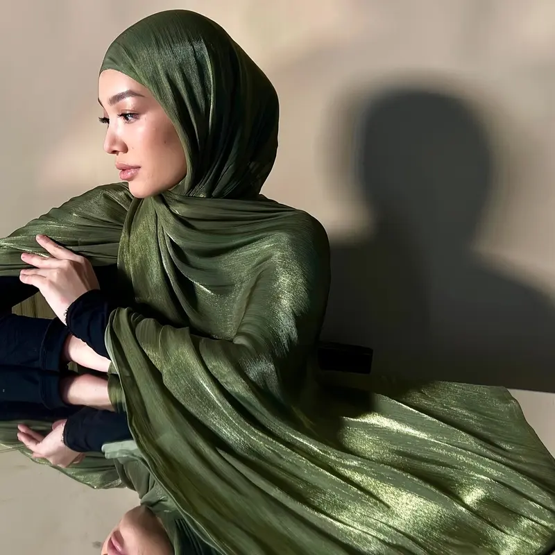 1pc Elegant Polyester Organza Hijab Scarf for Women, Luxurious Pleated Glitter Shawl, Solid Color, Non-Stretch, Woven Craftsmanship, Decorative Accessory for Party, Ramadan, No Feathers 1