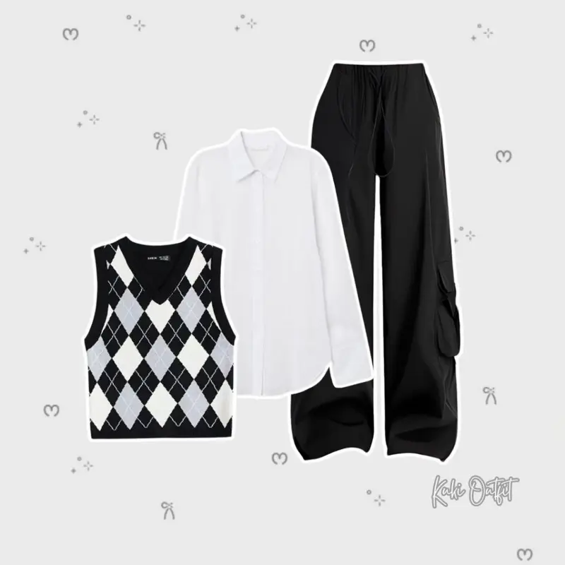 OOTD One Set Perempuan (Vest Rajut  + Kemeja + Celana Cargo) Outfit Korean Style - KK123 Atasan Baju Bawahan Lembut Nyaman Panjang Setelan Wanita Linen Jumpsuit Formal Hitam Basic Kantor Kerja 2
