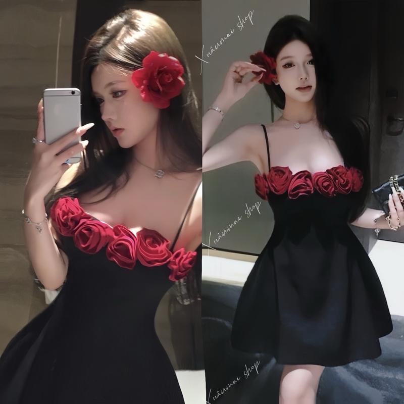 Đầm HOA HỒNG VOAN ĐỎ vải umi dày dáng A ngắn váy nữ kèm quần XuânMai shop