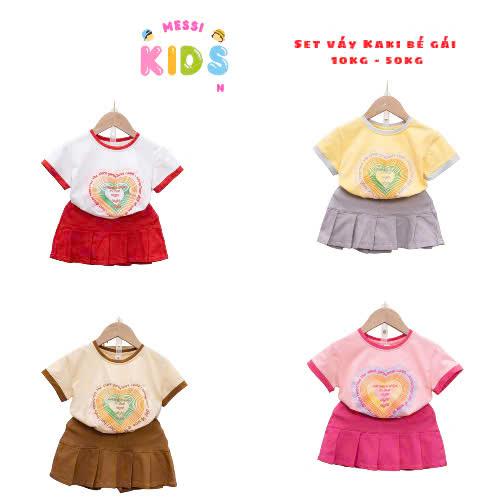 ĐÓN TẾT Set Váy Kaki Bé Gái 10Kg _ 50Kg Áo Thun Cotton Mềm Mát Chân Váy Jean Dày Dặn Mềm Kèm Chip