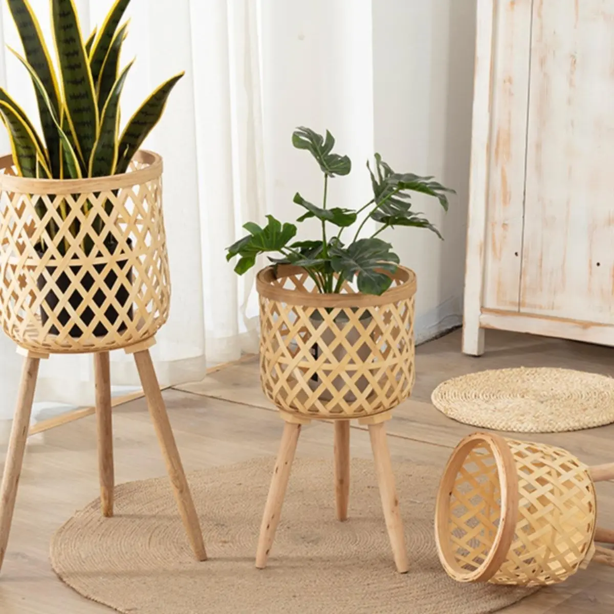 Nordic creative wicker bamboo grass flower basket wooden high flower stand indoor living room decoration green lily flower pot
