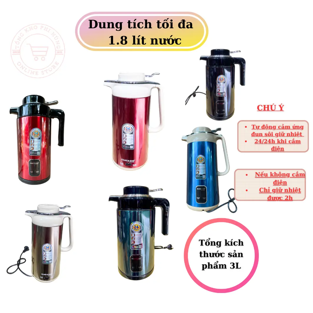 Ấm siêu tốc GUGKDD , Tổng thể 3 lít , Lòng chứa nước dung tích 1.8L , Tự động đun sôi và duy trì nhiệt độ 24/24h khi cắm điện , Nhấc ra ngoài giữ nhiệt được 2h , Bảo Hành 6 Tháng