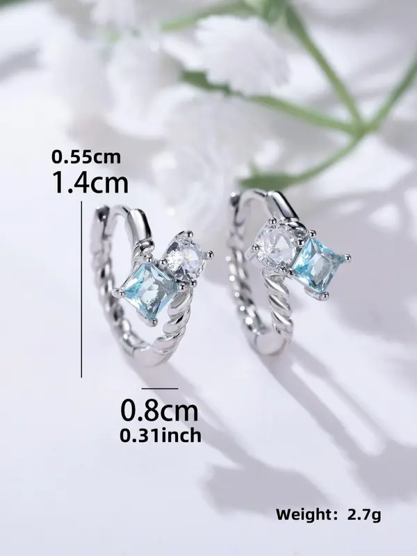 925 Sterling Silver Twisted Design Hoop Earrings, Elegant Square Shaped Artificial Zirconia Decorated Earrings for Women, Trendy All-match & Exquisite Jewelry for Birthday Gift 1