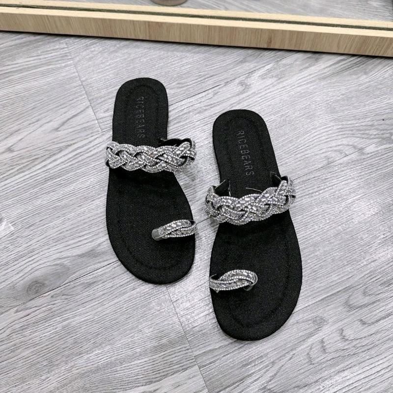 Gạo.Shoes -  (35-42) Dép LÊ dây đá thắt BỆN xỏ ngón cao cấp đá sáng mặt đế chống trơn chống trượt Mũi tròn DéP Nữ Đế Bằng