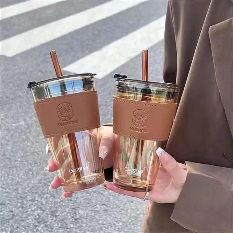 Tumbler Gelas Kaca Botol Minum Aesthetic Mug Kopi Cup Glass Dengan Case dan Sedotan 5
