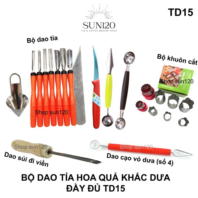 Bộ dao tỉa hoa quả đầy đủ TD15 bộ dao khắc dưa hấu Tết xoáy hoa cà rốt inox dụng cụ trang trí trái cây