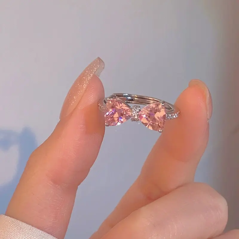 1pc pink bow open ring for women Delicate micro-inlaid ring for women