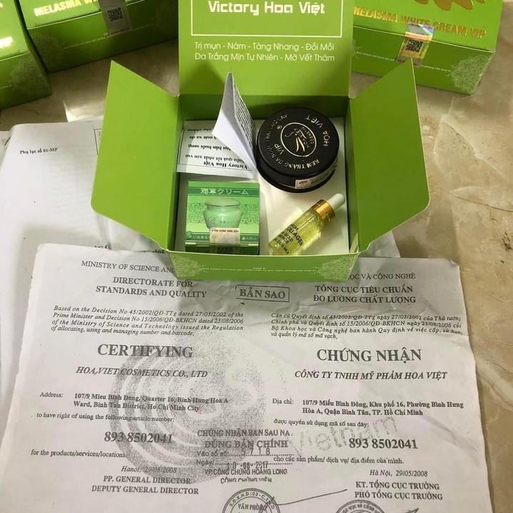 Bộ kem Victory Hoa Việt chuyên trị nám, tàn nhang, đồi mồi, sạm da, mụn đầu đen (3 sản phẩm: Serum kem ngay, Serum kem đêm, Serum chống lão hóa) - Son