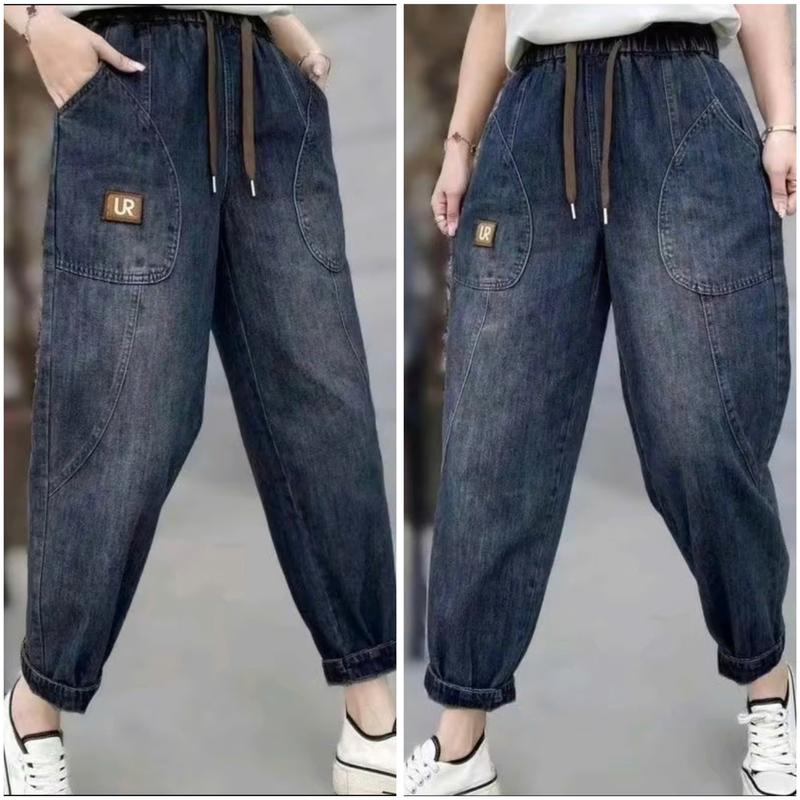 (BIGSIZE<76kg) Quần Jean Nữ Dáng Baggy Cạp Chun Lưng Cao Có Dây Rút Năng Động Thoải Mái - BIGSIZE - Pants, Women,