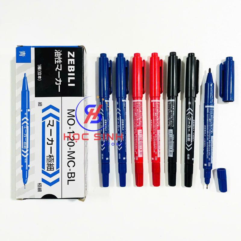 Hộp 10 Cây Bút Lông Dầu 2 Đầu Zebili Mo-120 (Mực Xanh/Đỏ/Đen) - Mực Không Xóa Được - VPP Học Sinh Store