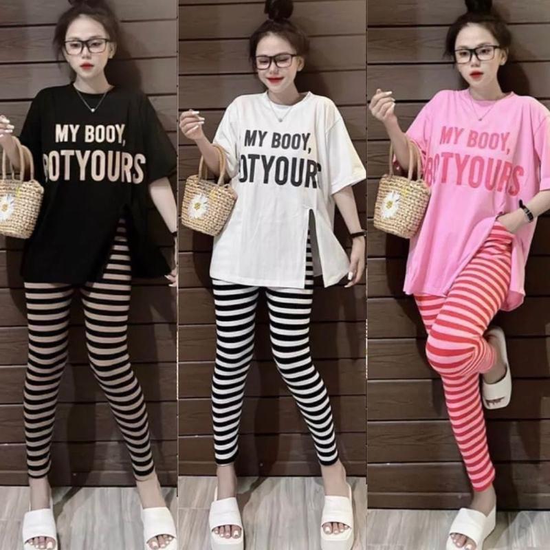 Bigsize 45-85kg Đồ Bộ Nữ Bigsize Quần dài My boy ESHOP Đồ bộ mặc nhà nữ giá rẻ quần legging thun gân xẻ tà 1 bên đẹp dễ thương Áo Top Cổ Tròn Sọc