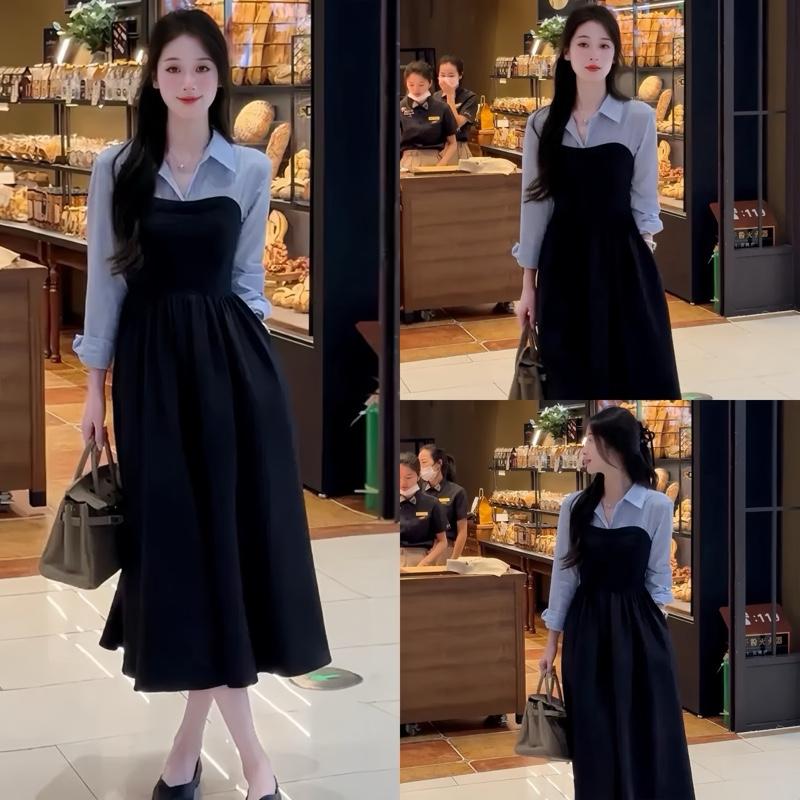 [FREESHIP] A7- Đầm dự tiệc công sở đen-xanh navi phối sọc xanh sơ mi tay dài, dáng dài túi hai bên đi tiệc đi làm đủ size S-M-L-XL Mijustore Dress Nữ Women