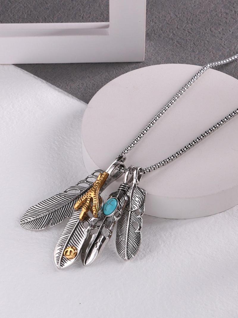 Product Introduction of Feather & Turquoise Texture Pendant Necklace for Men & Women, 2024 New Style Jewelry for Party, Daily Clothing Decor, Trendy Cool Female Accessories for Birthday Gift 4