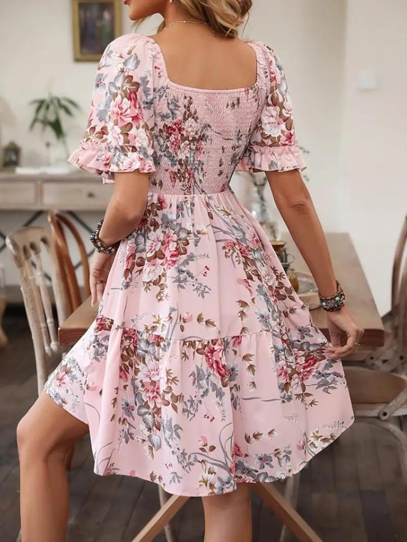 Product Introduction of Women's Floral Ruffle Hem Shirred A Line Dress, Summer Dresses, Holiday Dresses, Vintage Sundress Dresses No Drawers, Boho Flounce Sleeve Square Neck Short Dress for Beach, Holiday Dresses 2