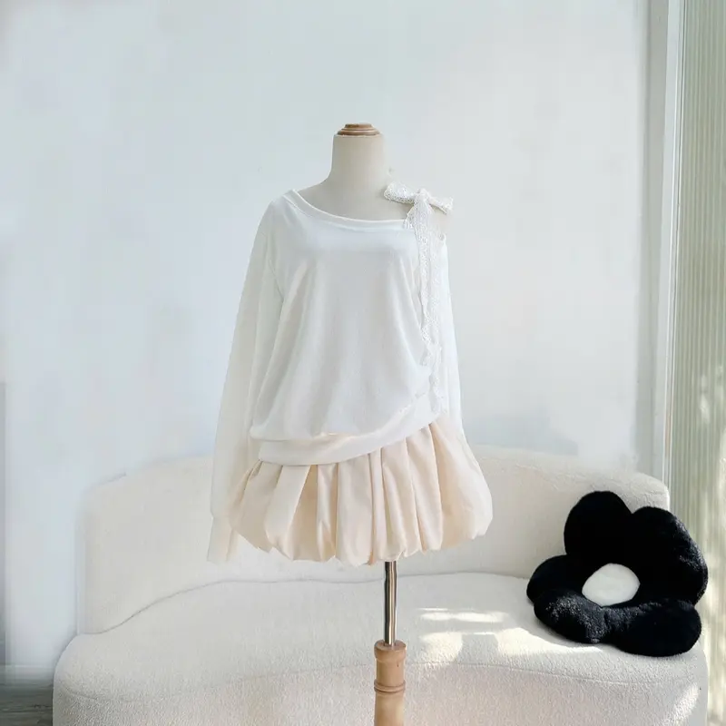 Set Bigsize CÓ LẺ ÁO (Áo + Váy) Áo Sweater Lệch Vai Dây Ren Vai Thun Nỉ Tăm Cao Cấp Phối Chân Váy Bí Ngô Dễ Thương Cho Nữ Chuppy (50-95Kg)-  Top Women 7