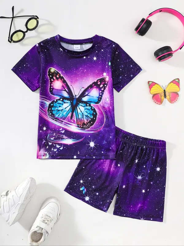 Toddler Girl's All Over Print Clothes Set, Casual Short Sleeve Tee & Shorts, Summer Clothes for Kids 3