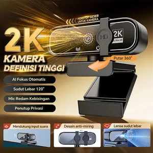 Webcam 2K Auto-Light Balance dengan Mikrofon Pengurang Kebisingan Plug & Play Kamera Konferensi Live Streaming Video Rapat Kantor untuk PC, Laptop