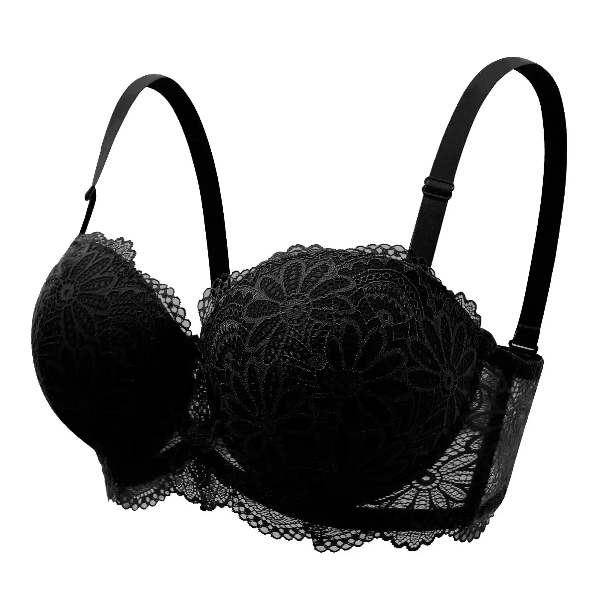 Lace Bra for Women Big Cup Floral Underwire Underwear Ladies Push Up Thin Bra Half Cup  Black Gather Brassiere