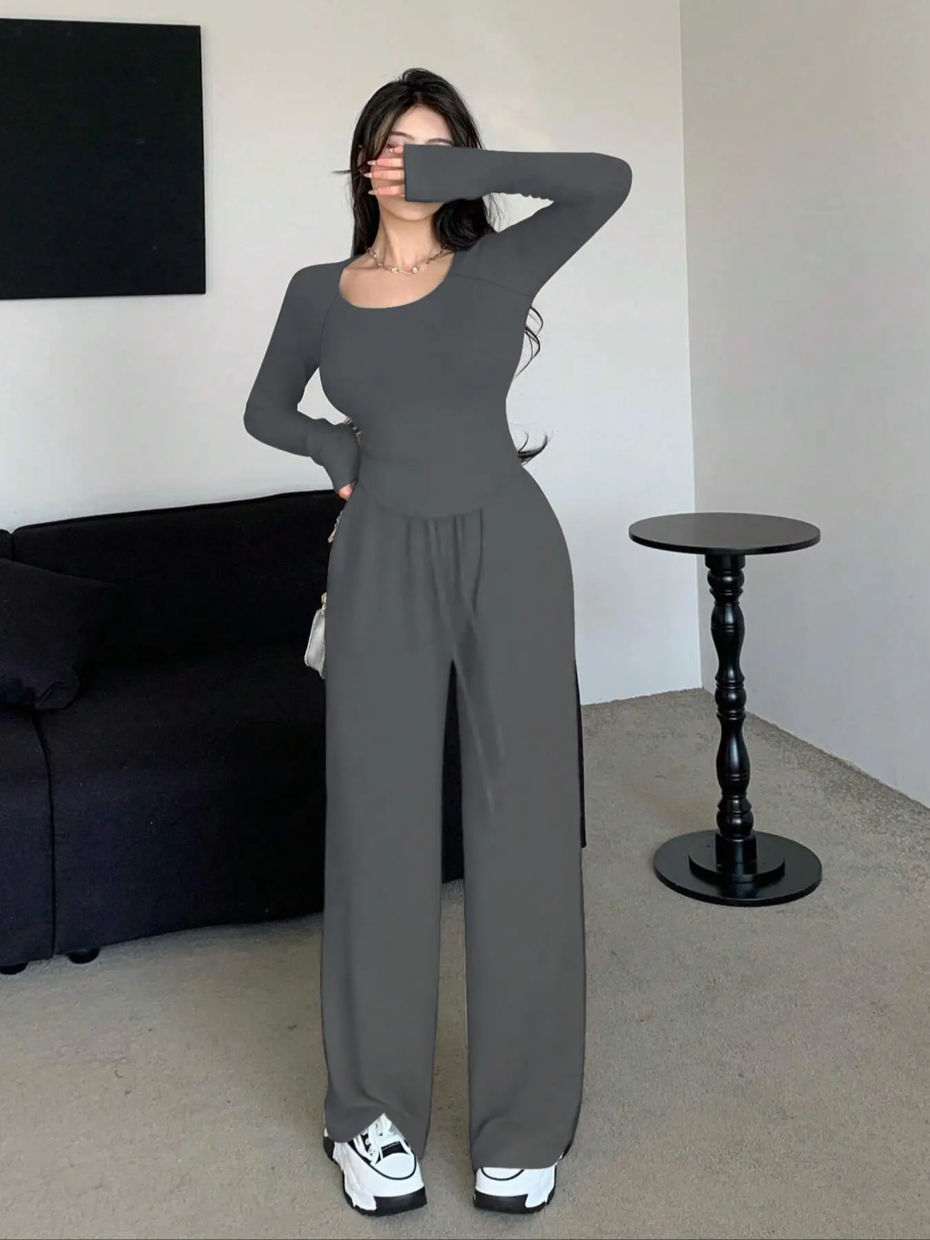 Two-Piece Set Women's Solid Long Sleeve Top & Wide Leg Pants, Casual Fashion Cozy for Daily Outdoor Wear, Ladies Clothes for All Seasons, Suits