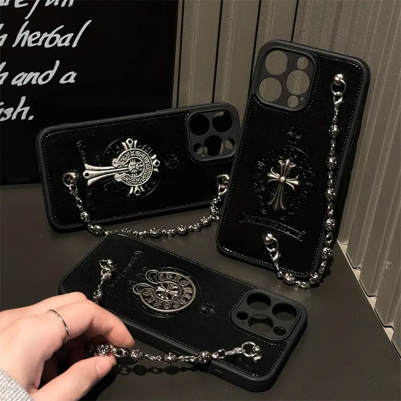 Chrome Hearts leather mobile phone case for iphone16Pro bracelet soft protective cover 12 suitable for Apple 14 cross model