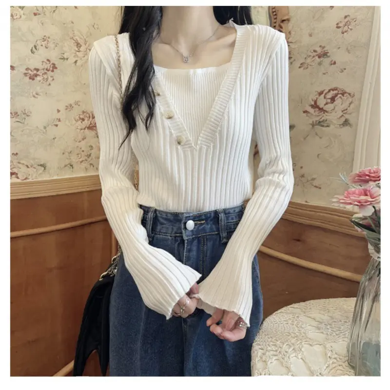 Atasan Oblong Knit Rajut Lengan Panjang Wanita Kaos Oneck Style Korea Baju Kancing 2