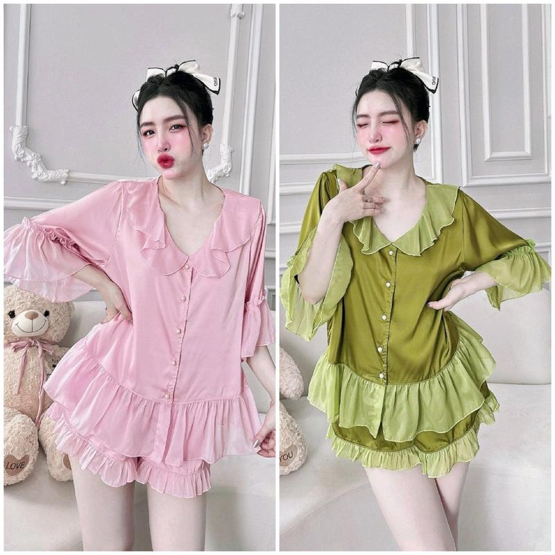 Đồ bộ pyjama nữ bigsize Mẫu tiểu thư cổ voan nút ngọc lụa mềm mại Set bộ xinh màu trơn Bộ Áo Women Kem Voan Lua Voi rose  đồ pijama