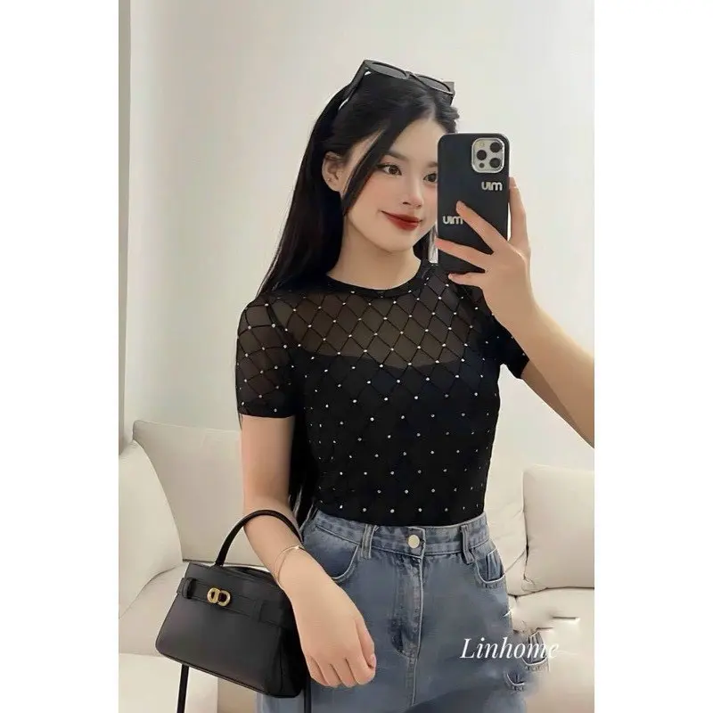 Áo lưới nhũ ánh cộc tay xinh 2 lớp Ôm gọn Cổ tròn Top Nữ Women Đen
