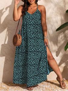 Women's Ditsy Floral Print  Split Thigh Cami Dress, Boho Criss Cross  Spaghetti Strap Long Dress for Beach Holiday Vacation, Women's Clothes for Summer