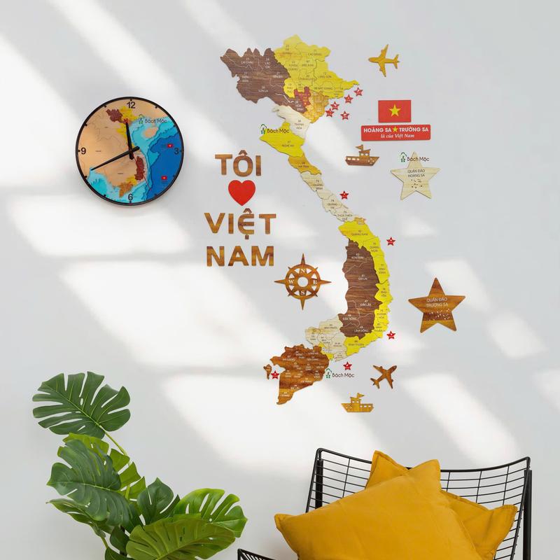 Product Introduction of [Bản Thường] Bản Đồ Gỗ Việt Nam đầy đủ Quần đảo Hoàng Sa và Quần đảo Trường Sa trang trí dán tường phòng khách, nhà cửa, công ty, bàn làm việc, trường học, cơ quan, văn phòng - đã update biển số xe 63 tỉnh thành 13