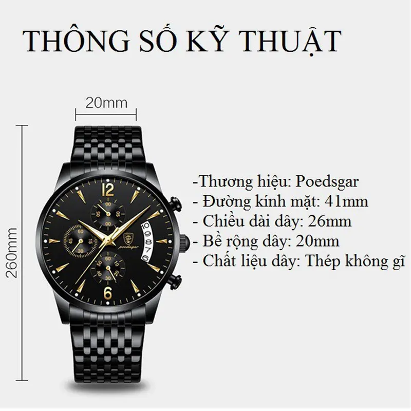 Đồng Hồ Nam POEDAGAR Full Đen Đồng Hồ Đeo Dây Thép Sang Trọng Tinh Tế GiàY Đeo Tay Watch 5