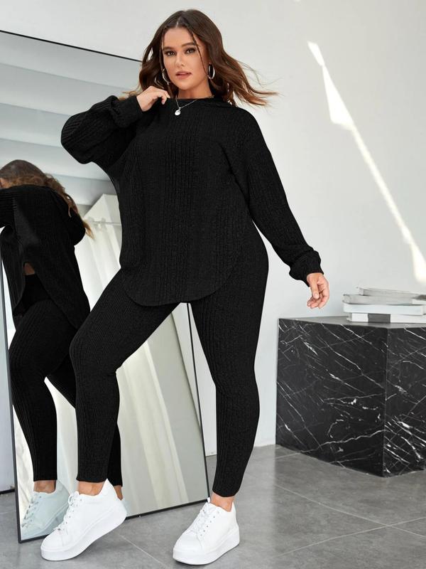 Plus Size Two-Piece Set Solid Split Hem Hoodie & High Waist Skinny Pants Set, Casual Fashion Drop Shoulder Long Sleeve Top & Trousers, Women's Two-piece Outfits 0