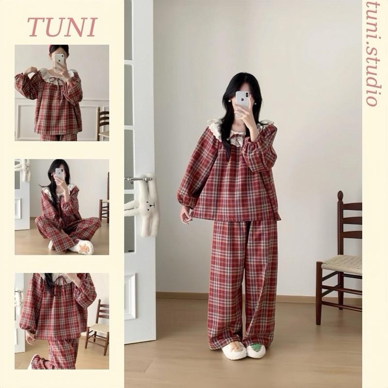 Bộ Đồ Ngủ Kẻ Sọc Đỏ Thắt Nơ Xinh Xắn Chất Dạ Áo Tay Dài Quần Dài Nữ Women Tuni.studio T06dc