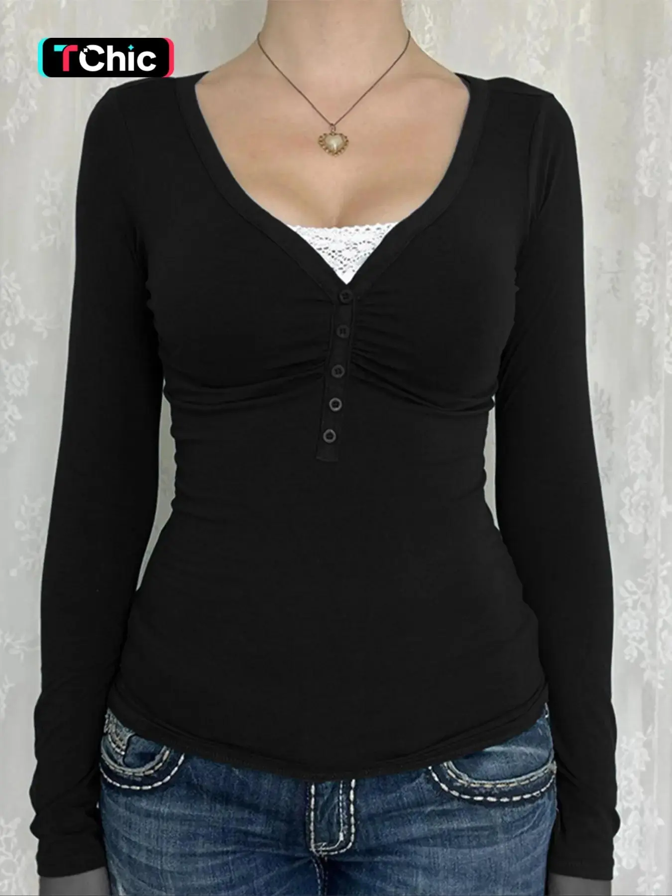 Women's   Contrast Lace  Button V Neck Tee, Casual Long Sleeve T-shirt for Spring & Fall, Women's Top for Daily Wear