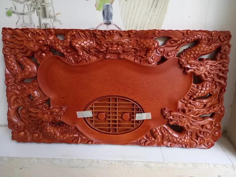 Khay trà liền khối VIP gỗ Hương đục Ngũ Long cao cấp 65x35cm 1