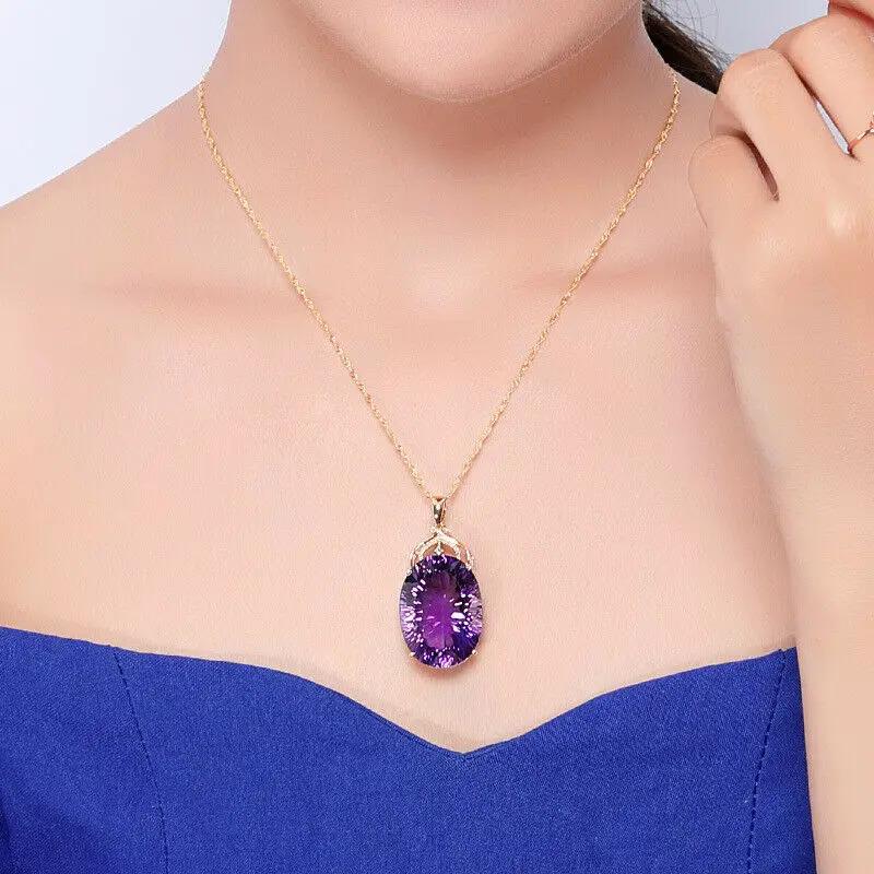 Gemstone Charm18k Gold Plated 36CT Amethyst Color Oval Crystal Pendant Necklace Lady Wedding Jewelry 1