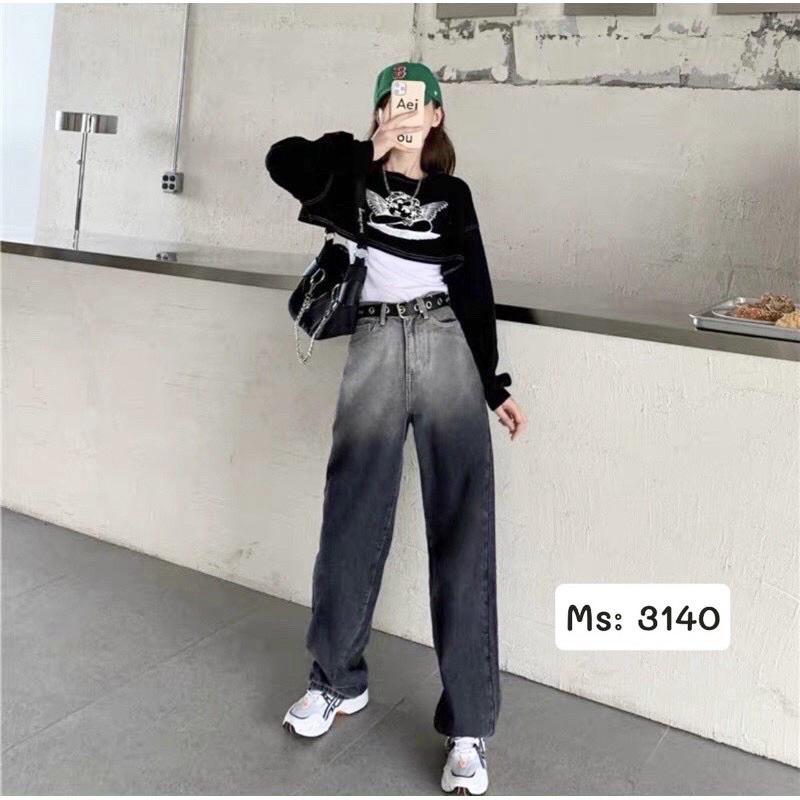 [Có Video Cận Chất] Quần Jeans Loang Xám Ống Rộng Nữ Lưng Cao Pants