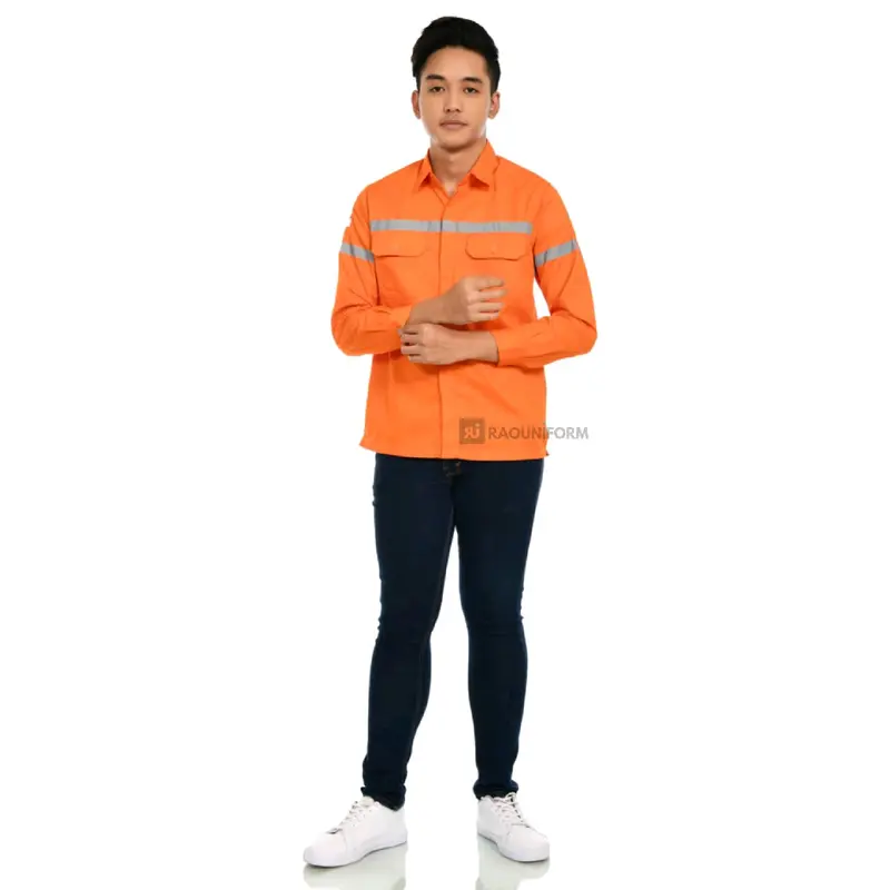 Seragam Kerja, Baju Industri, Baju Lapangan, Baju Safety Lengan Panjang, Baju Safety Proyek, Seragam Proyek, Kemeja Safety Abu Biru Bordir Merah Putih Wearpack 1