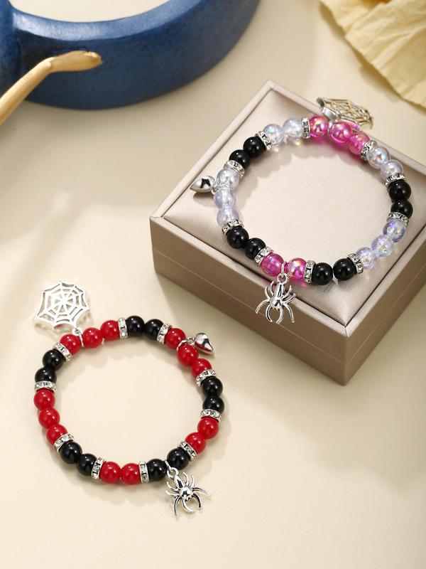 Fashion Spider & Net Design Charm Beaded Bracelet, 2024 Casual Simple Half Magnetic Heart Charm Jewelry for Party, Daily Clothing Decor, Valentine's Day, Gift 3