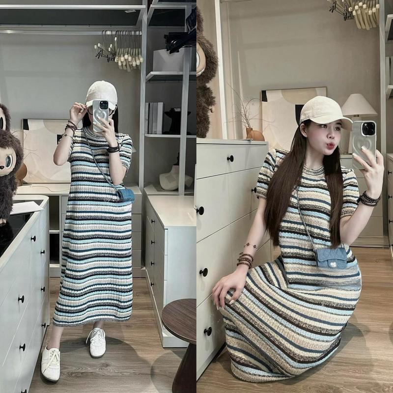 PHÚC HÂN QC | Váy suông len dáng dài MTG kẻ sọc cổ tròn – Freesize váy bầu mặc đẹp ở nhà & đi chơi
