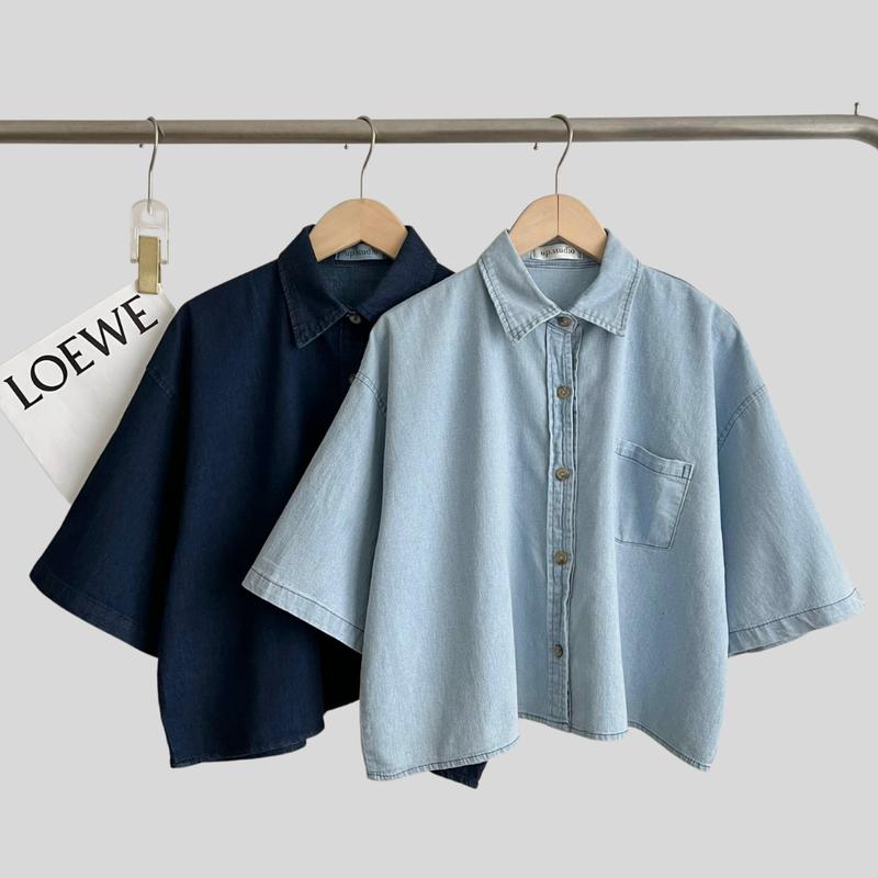  Áo sơ mi bò nữ tay ngắn dáng lửng  áo sơ mi jean dáng ngắn nữ  áo sơ mi cộc tay màu xanh túi trước phong cách hàn quốc hot trend 