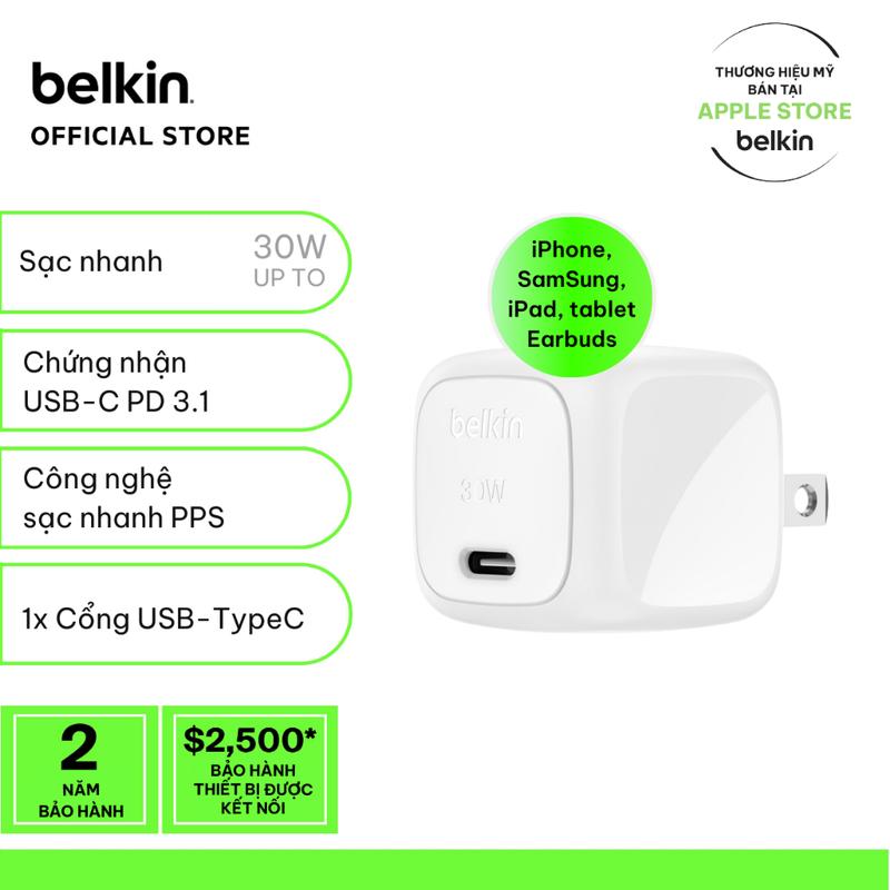 [KOC X Belkin] Củ sạc nhanh 30W USB-C PD PPS Cubic Wall Charger màu trắng - Bảo hành chính hãng 2 năm