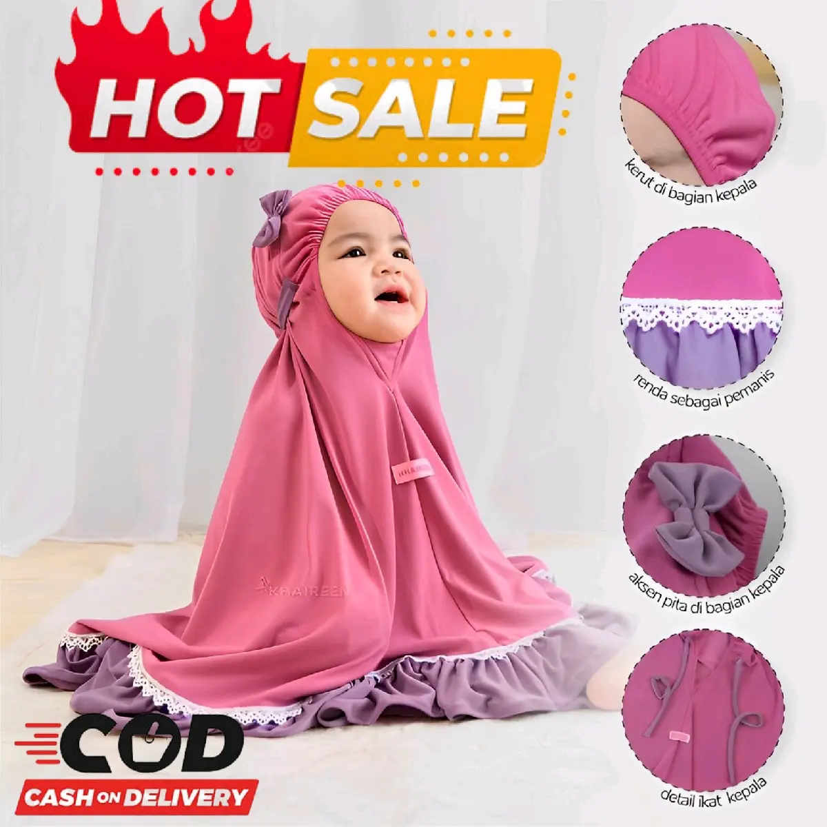 Mukena anak perempuan variasi pita renda 1-10 tahun Muslim Kerudung Motif pita renda Nyaman Instan Jilbab