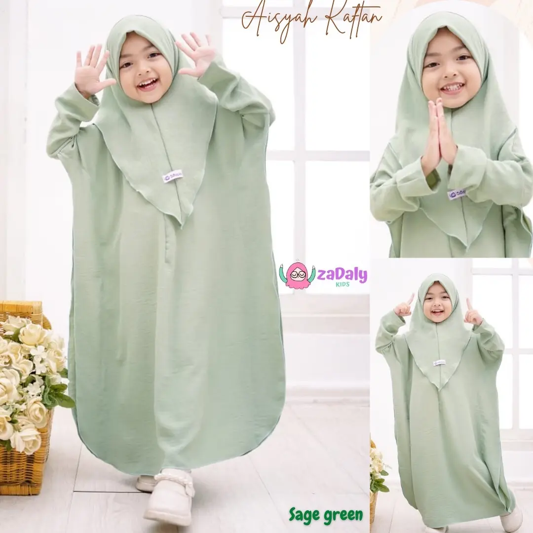 Aisyah kaftan/kaftan anak sage green,gamis kaftan by ZaDaly Kids baju muslim Nyaman Panjang Simple Airflow Syari Lebaran size m 4-5 tahun • denim beige