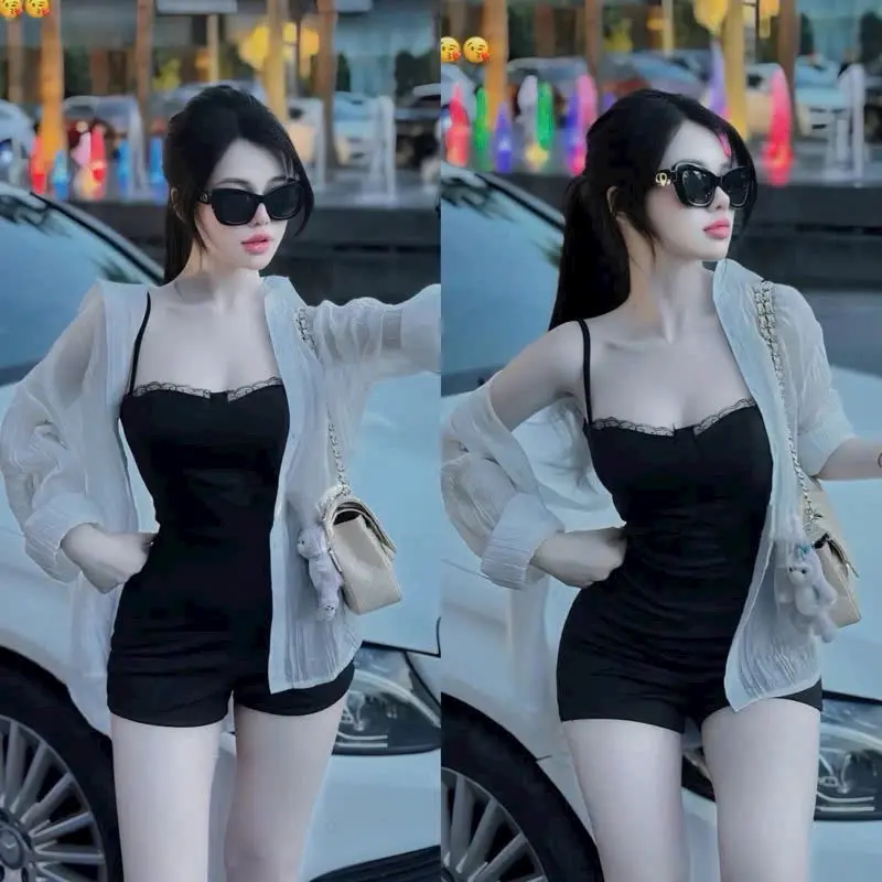 Jumpsuit nữ áo 2 dây phối ren có mút kèm áo khoác sơ mi tay dài voan tơ dễ thương cho nàng đi chơi đi biển