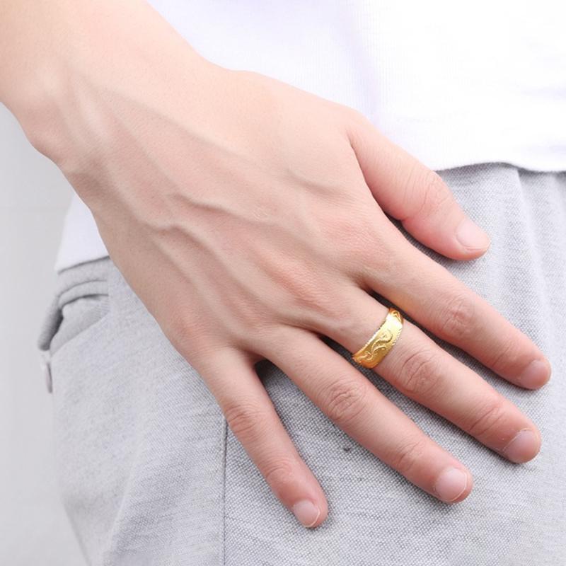 Cincin Emas untuk Lelaki, Ukiran Mewah dengan Naga, Cincin Boleh Laras, Barang Kemas Fesyen, Tersedia dalam Warna Kuning / Platinum, Cincin Jari, Hadiah untuk Lelaki, 24k 4