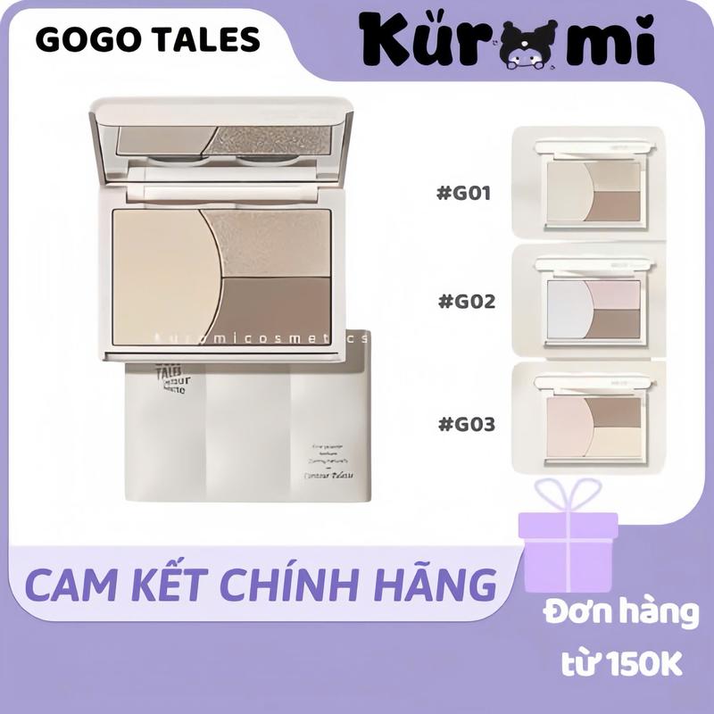 HỎA TỐC HN-HCM GOGO TALES Bảng phấn tạo khối 3 ô Gogotales trắng kèm bắt sáng Kuromi Cosmetics GT753