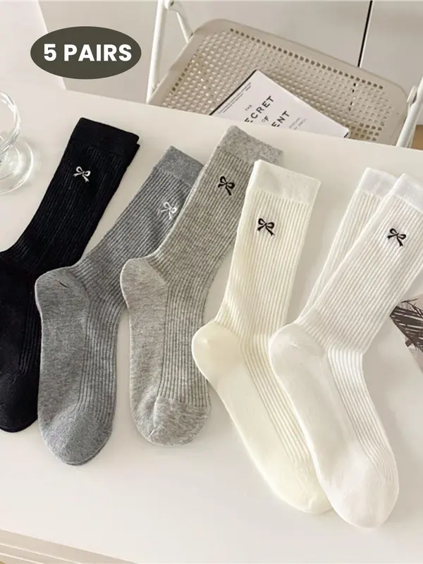 Women's Bow Embroidery Mid-calf Socks, Casual Comfortable Breathable Socks for Daily Wear, Women's Socks for All Seasons 0