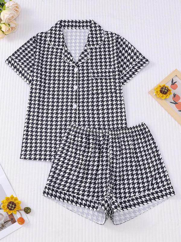 Women's All Over Houndstooth Print Short Sleeve Pajama Two-Piece Set, Casual Comfy Soft Button Front Chest Pocket Design Lapel Neck Top & Elastic Waist Shorts PJ Set, Ladies Sleepwear for All Seasons 0