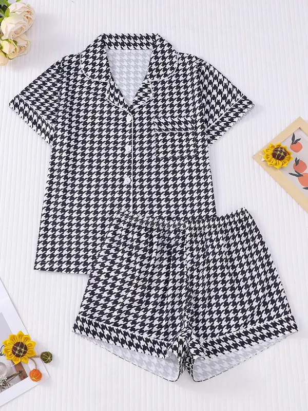 Women's All Over Houndstooth Print Short Sleeve Pajama Two-Piece Set, Casual Comfy Soft Button Front Chest Pocket Design Lapel Neck Top & Elastic Waist Shorts PJ Set, Ladies Sleepwear for All Seasons 0