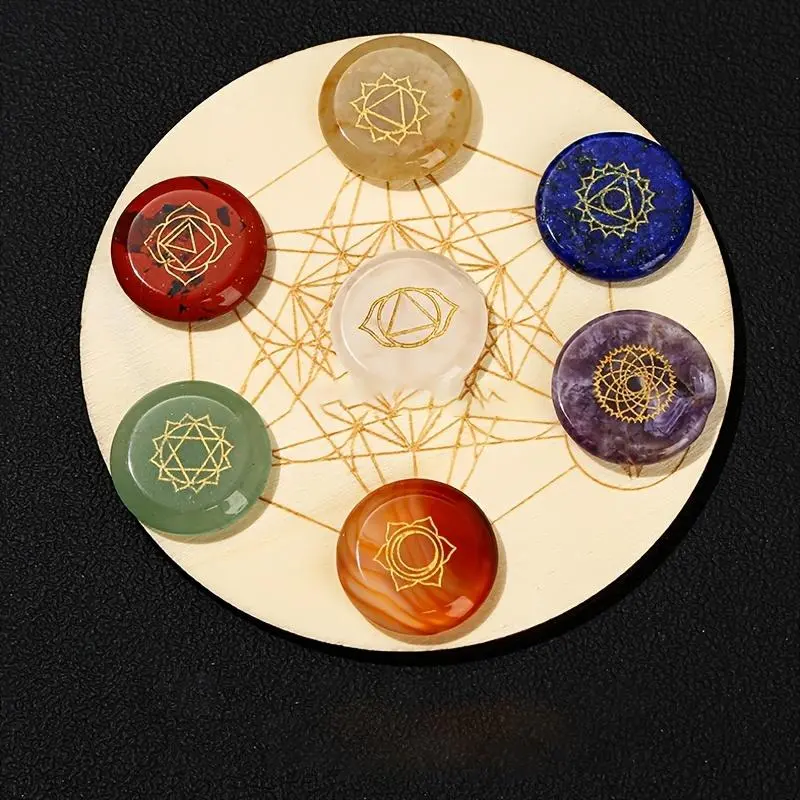 Chakra Symbol Round Coaster, 1 Set Colorful Stone Symbol Coaster with Wooden Base, Home Decor for Living Room Bedroom Office, Tableware